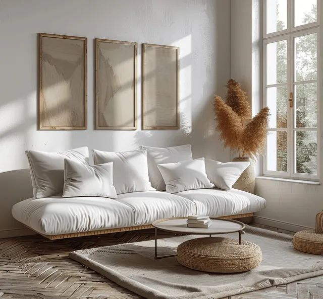A white sofa sits in a sunlit Scandinavian living room with wooden-framed wall art and a modern coffee table.
