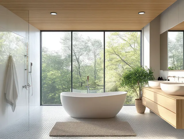 Freestanding bathtub in a minimalist loft bathroom with large windows showing green trees and bright natural light.