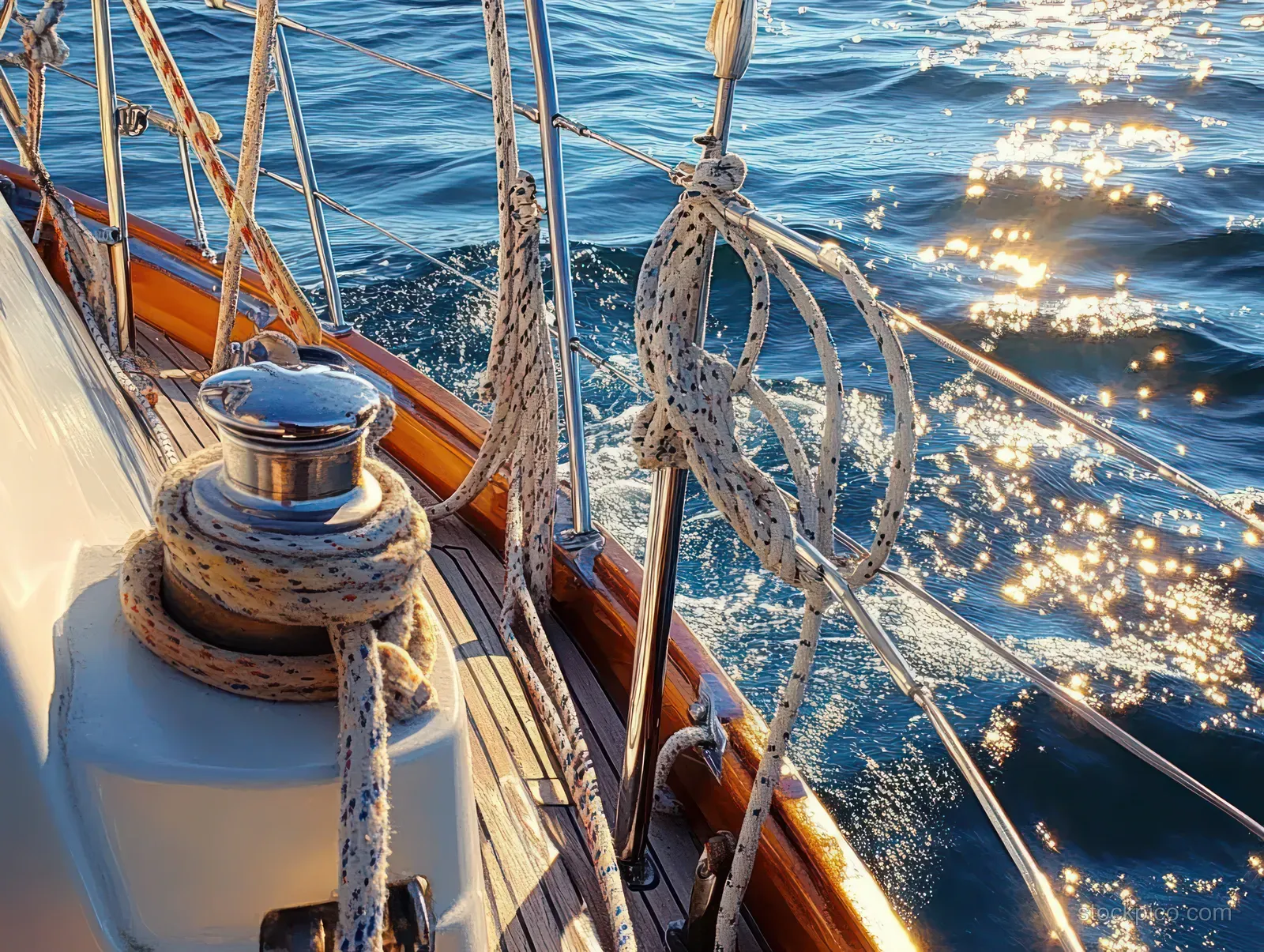 Sailboat deck rigging with ropes and metal fittings beside shimmering ocean waves in sunlight.