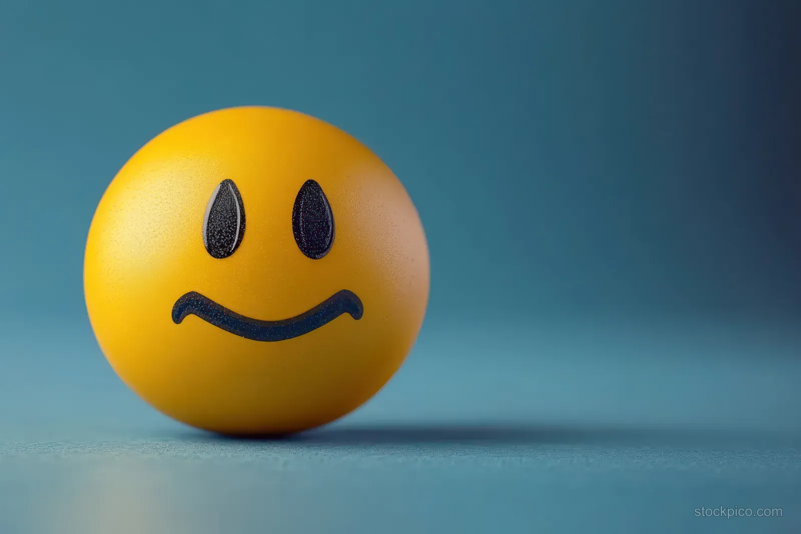 A yellow sphere emoticon with an uneasy face sits on a blue surface against a soft blurred background.