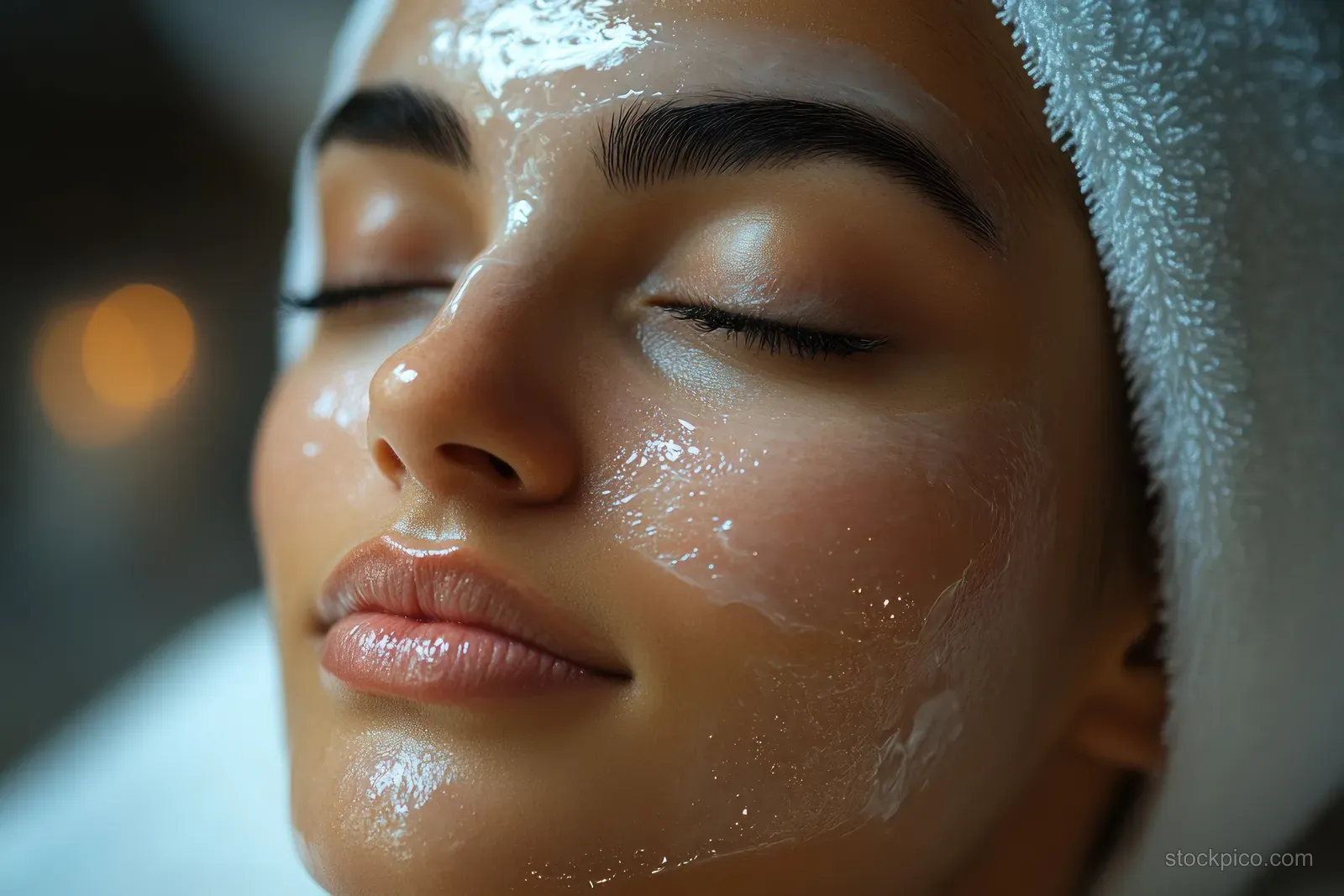 Surgeon applies cream on a woman’s face during a neck treatment, with soft lighting and calm expression.