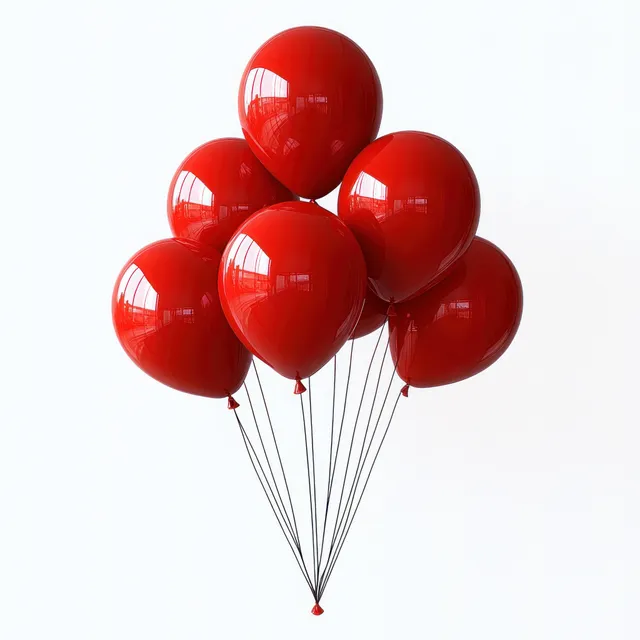 Seven glossy red balloons float above tied strings against a plain white background.
