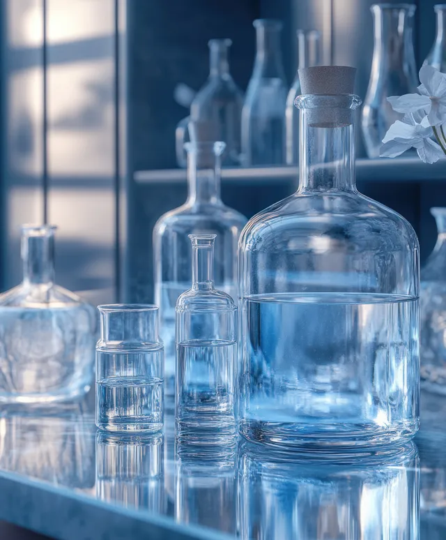Transparent flasks and beakers arranged on a laboratory bench under soft blue lighting.