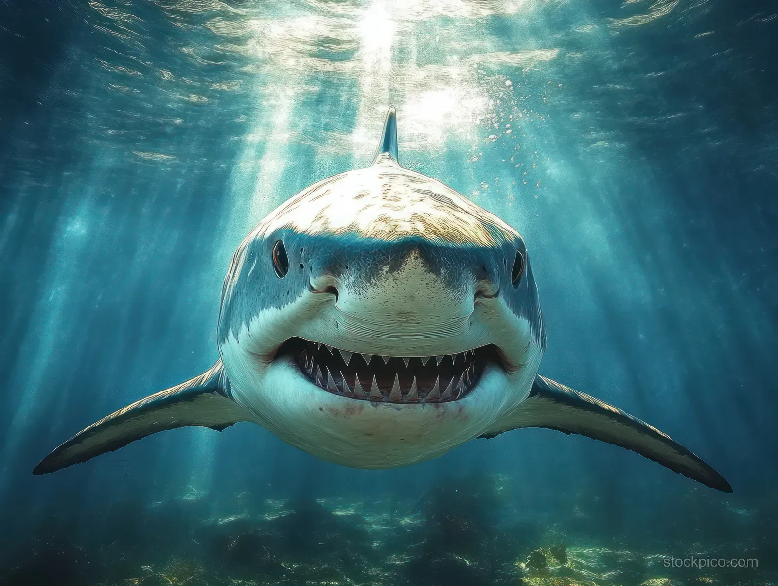 Great white shark lunges forward underwater in sunlit coral shallows with sunbeams streaming down.