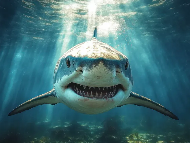 Great white shark charging toward camera through sunlit coral shallows