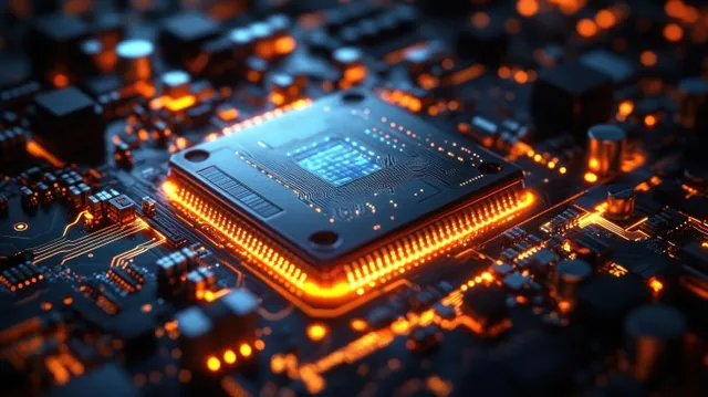 Glowing computer microchip close-up on circuit board with orange and blue illuminated traces with Shallow Depth Of Field