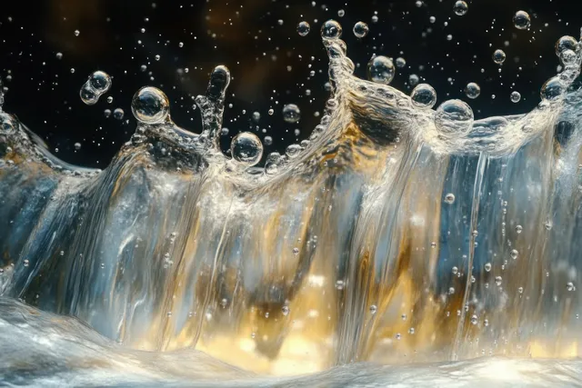 A water curtain erupts upward with sparkling bubbles and bright highlights against a dark background.