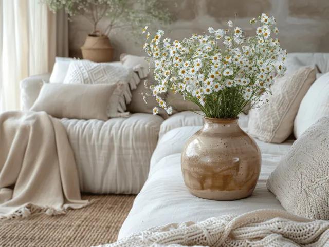 Beige ceramic vase of white daisies on a coffee table beside a beige sofa with pillows and throws.