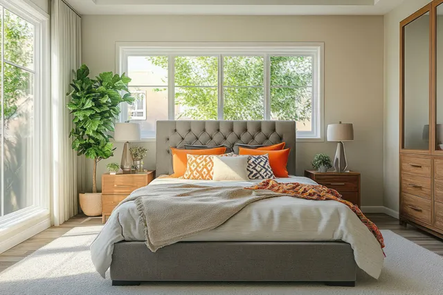 Sunlit mid-century modern bedroom showing a made bed with plush headboard, orange pillows, and large window greenery.