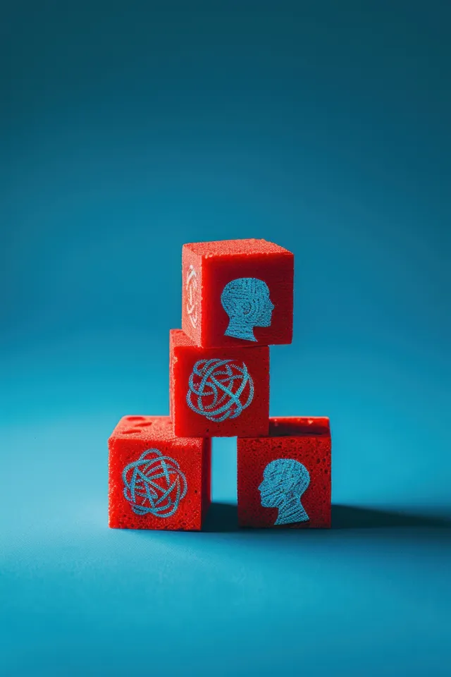 Four red foam cubes stacked on a solid blue background with blue brain and neural network icons.