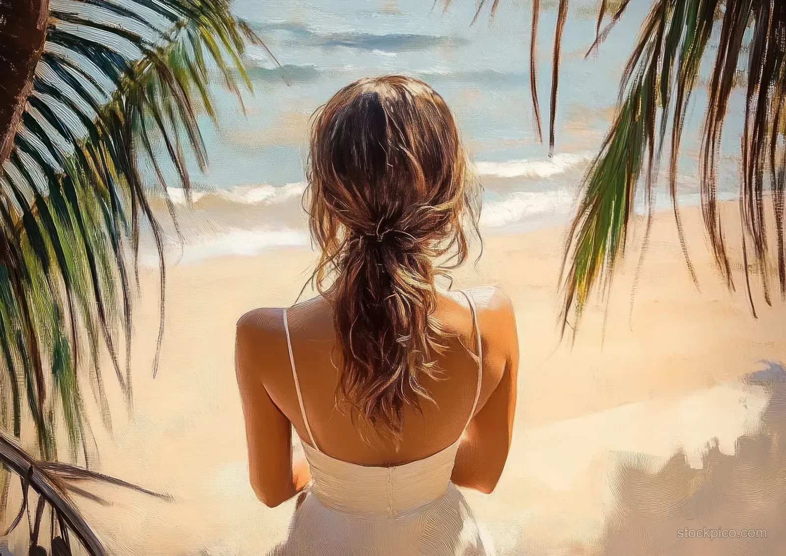 Woman in a white dress looks at ocean waves on a sandy beach framed by palm leaves.