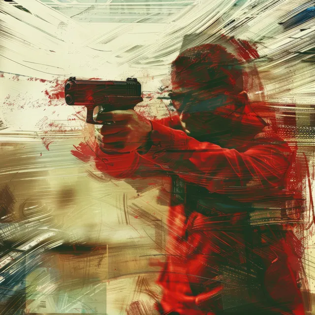 A pistol shooter in red and tan motion blur aims at a target on a shooting range backdrop.