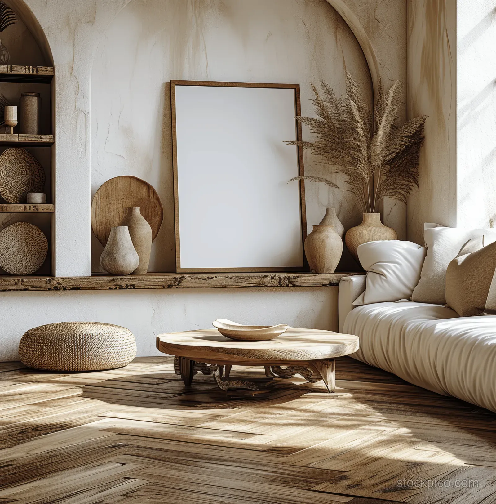 Blank framed poster stands on a shelf beside pampas grass in a bohemian living room with wooden floors.
