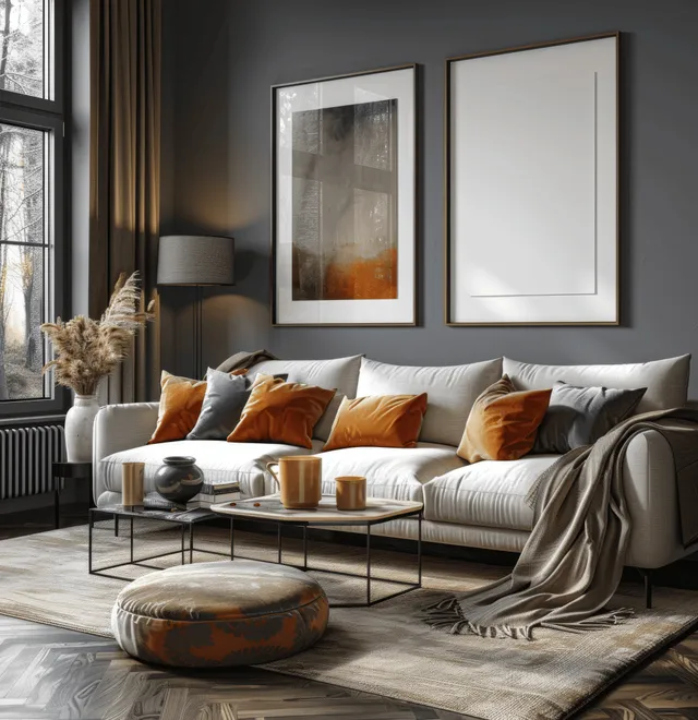 Modern living room with blank poster frames, dark gray walls, and beige sofa with Wall Art Mockups