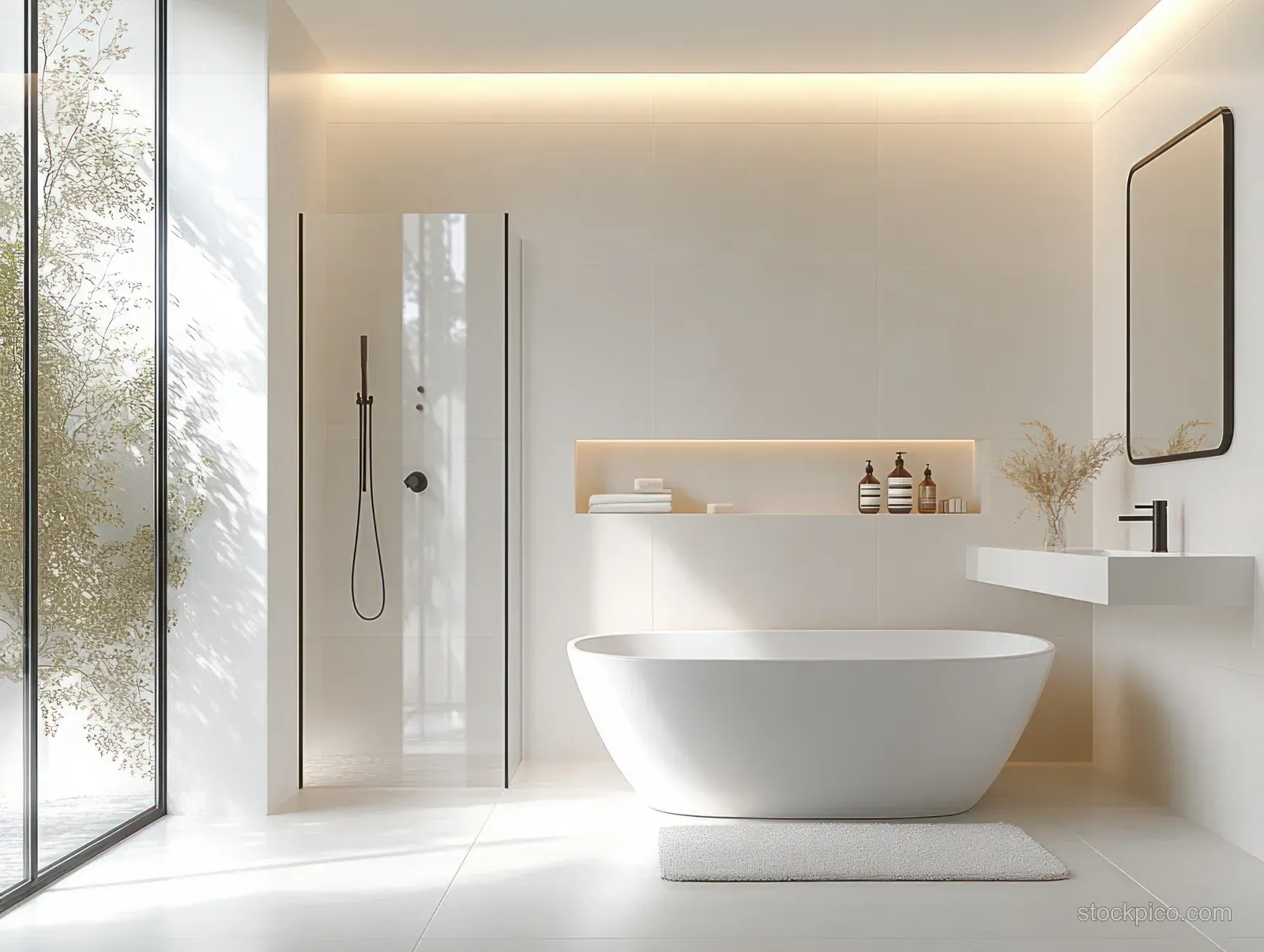 White minimalist bathroom showing a freestanding bathtub and a large glass shower behind warm ceiling lighting.