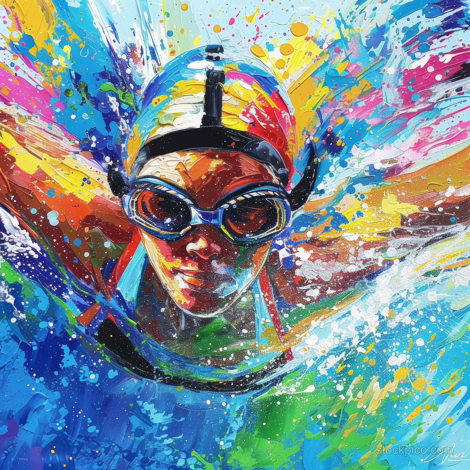 A female freestyle swimmer splashes through water against a vibrant paint-splash background.