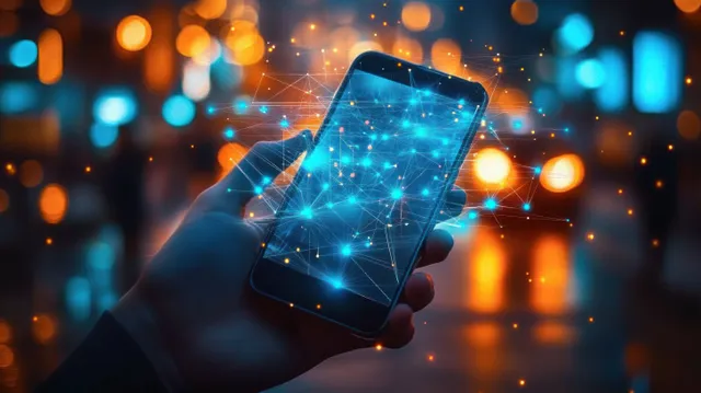A hand holds a smartphone overlaid with glowing network links against blue and orange bokeh lights.
