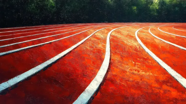 Curved red running track with white lane lines surrounded by green trees in bright sunlight.