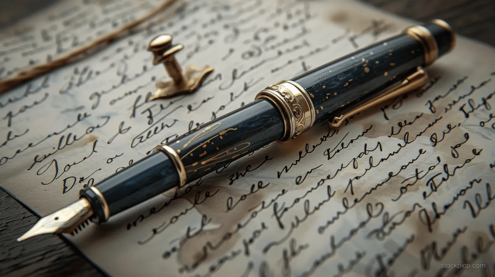 Vintage fountain pen writing cursive notes across textured paper with shimmering ink on the page.