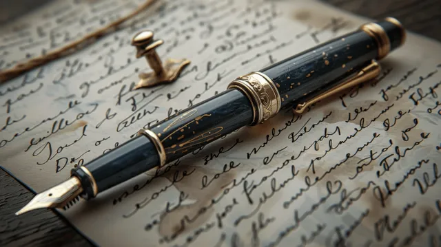 Vintage fountain pen writing cursive notes across textured paper with shimmering ink on the page.