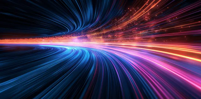 Blue and orange light trails sweep across a dark abstract background