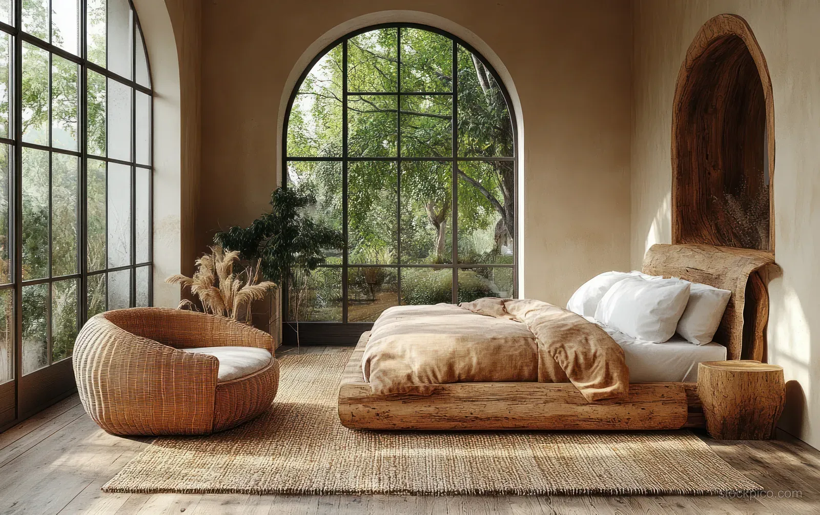 Sunlit Scandinavian bedroom with a wooden bed, arched window, neutral bedding, and a woven rug.