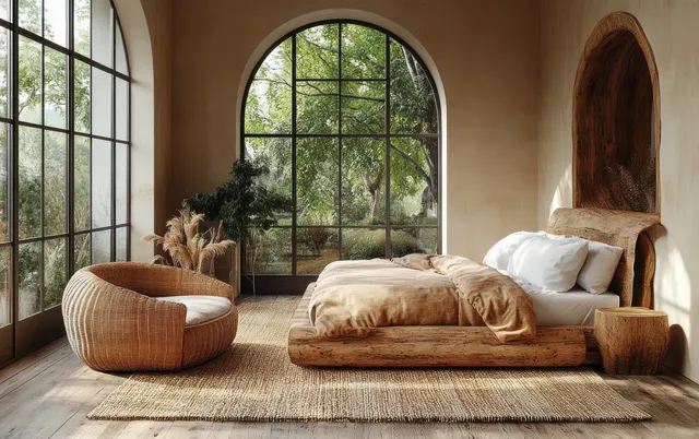 Sunlit Scandinavian bedroom with a wooden bed, arched window, neutral bedding, and a woven rug.
