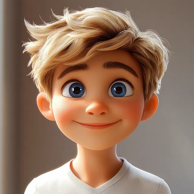 Smiling animated young boy portrait with blue eyes, freckles, tousled blond hair