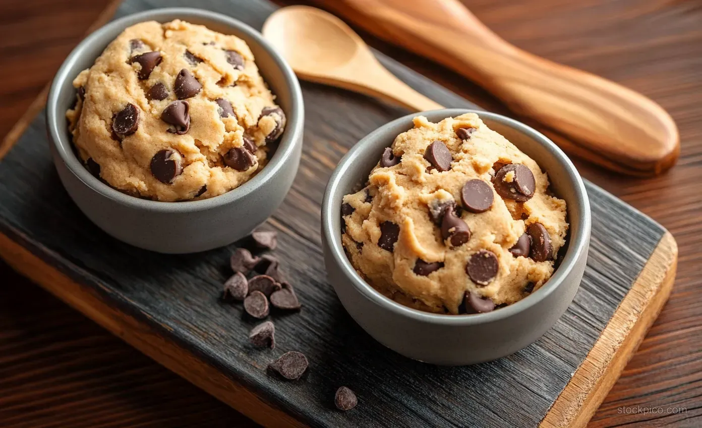 Two bowls of chocolate chip cookie dough on a wooden tray with scattered chips and wooden spoons in the background.
