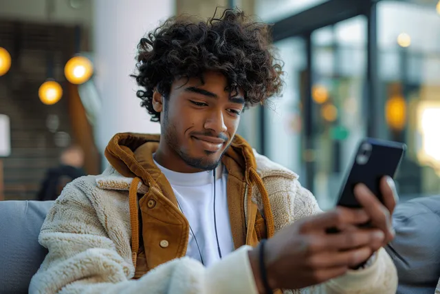 Worried mixed-race man on living room sofa holding a phone and blocked card