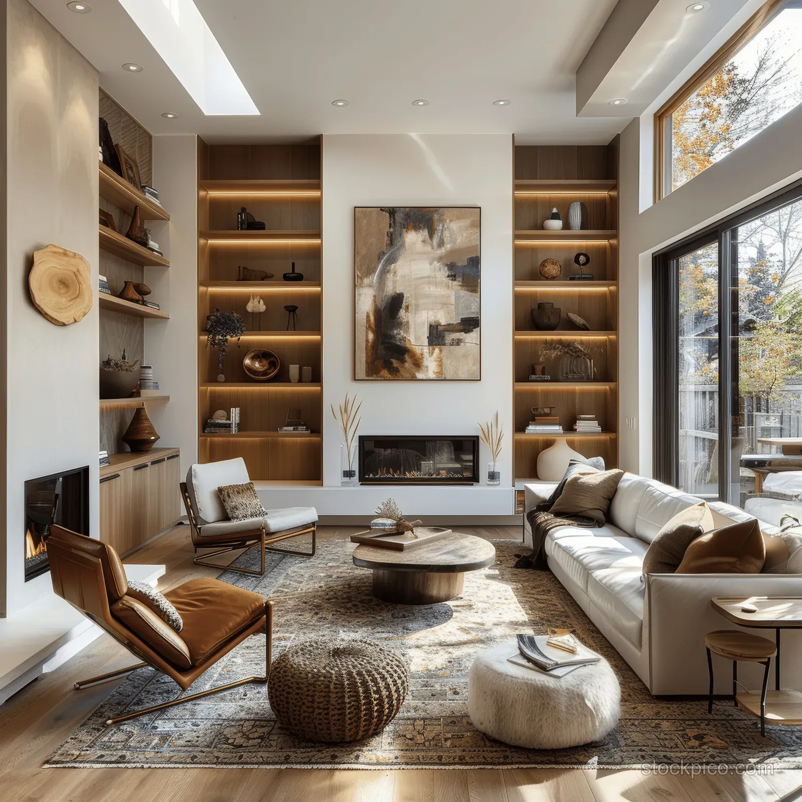 Modern living room with fireplace, leather armchairs, built-in shelves, abstract artwork, and daylight from large windows.