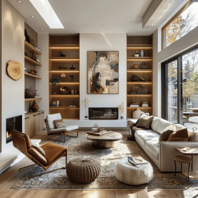 Modern living room with fireplace, leather seating, built-in shelves, and large window light