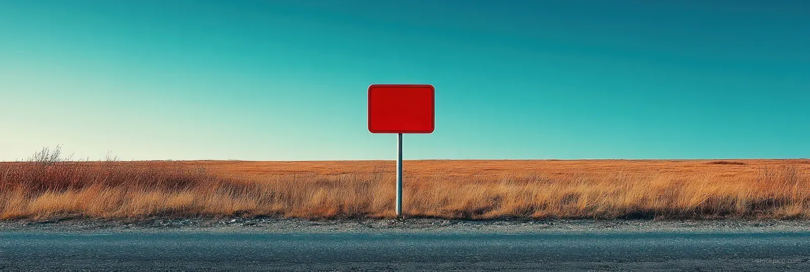Red signpost stands beside an empty road with flat fields and clear sky in the distance.