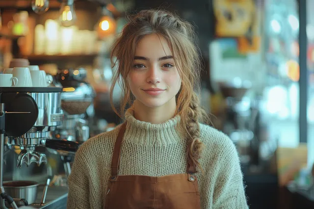 Smiling barista in a knitted sweater and apron stands beside an espresso machine in a cozy café with warm lights.