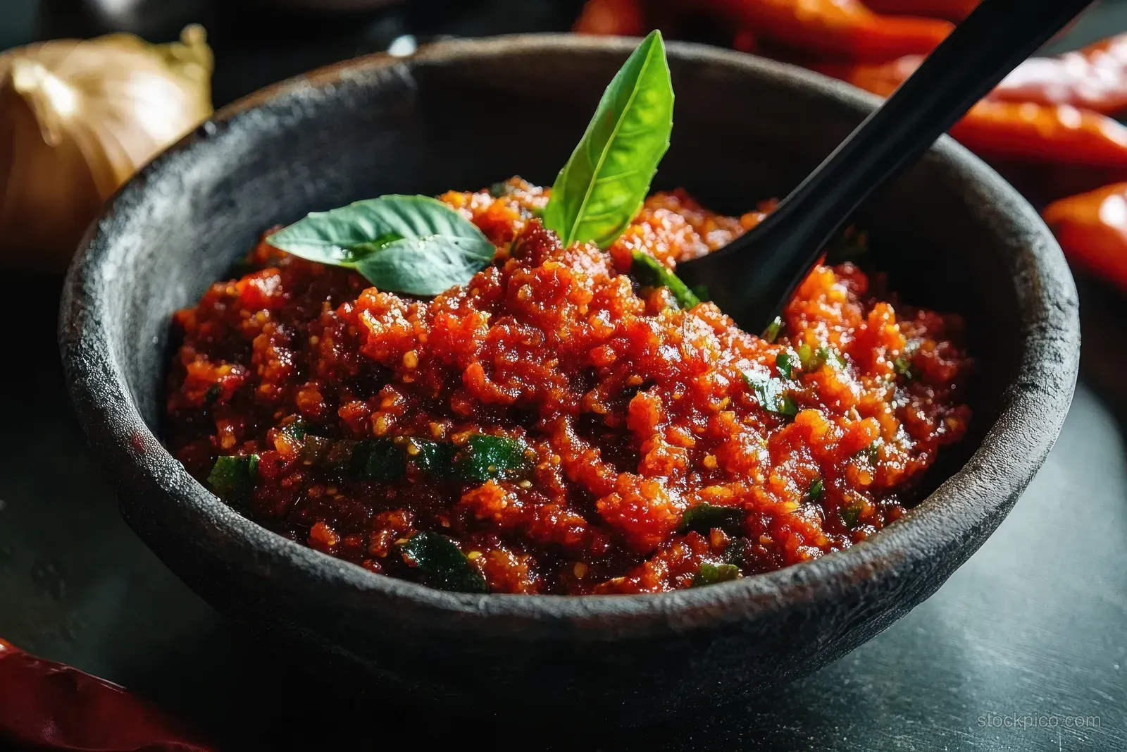 A bowl of spicy red sambal with basil leaves and a spoon.