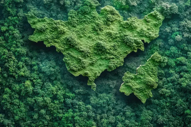 Aerial view of dense green rainforest with island-like raised landmasses and tree canopy