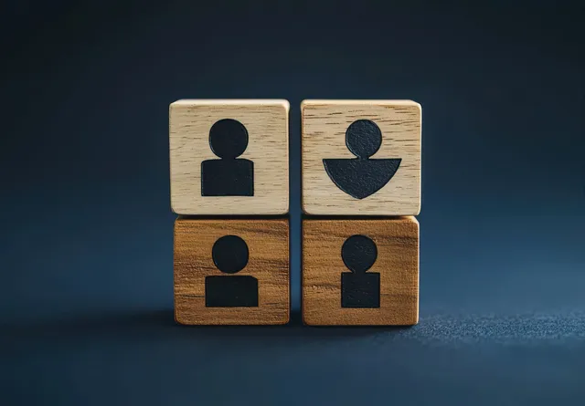 Four wooden blocks with black human icons arranged in a square on dark surface