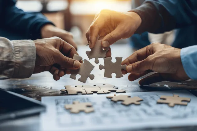 Engineers’ hands connect jigsaw puzzle pieces over blueprints on a desk during an office meeting.