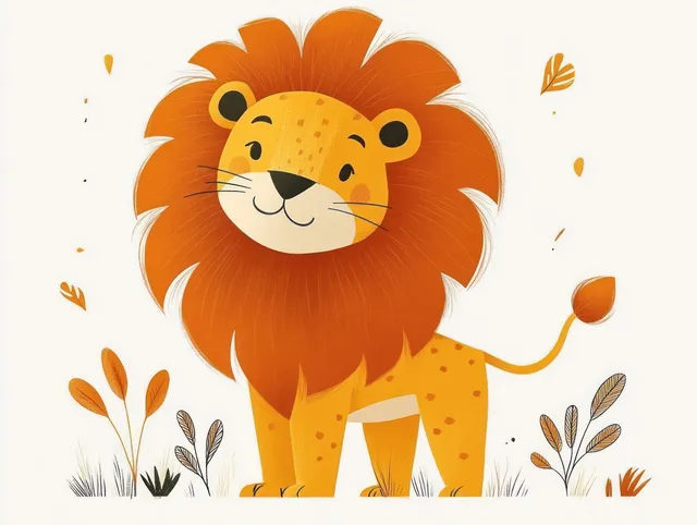 Cheerful cartoon lion with large orange mane standing among autumn plants and scattered leaves.
