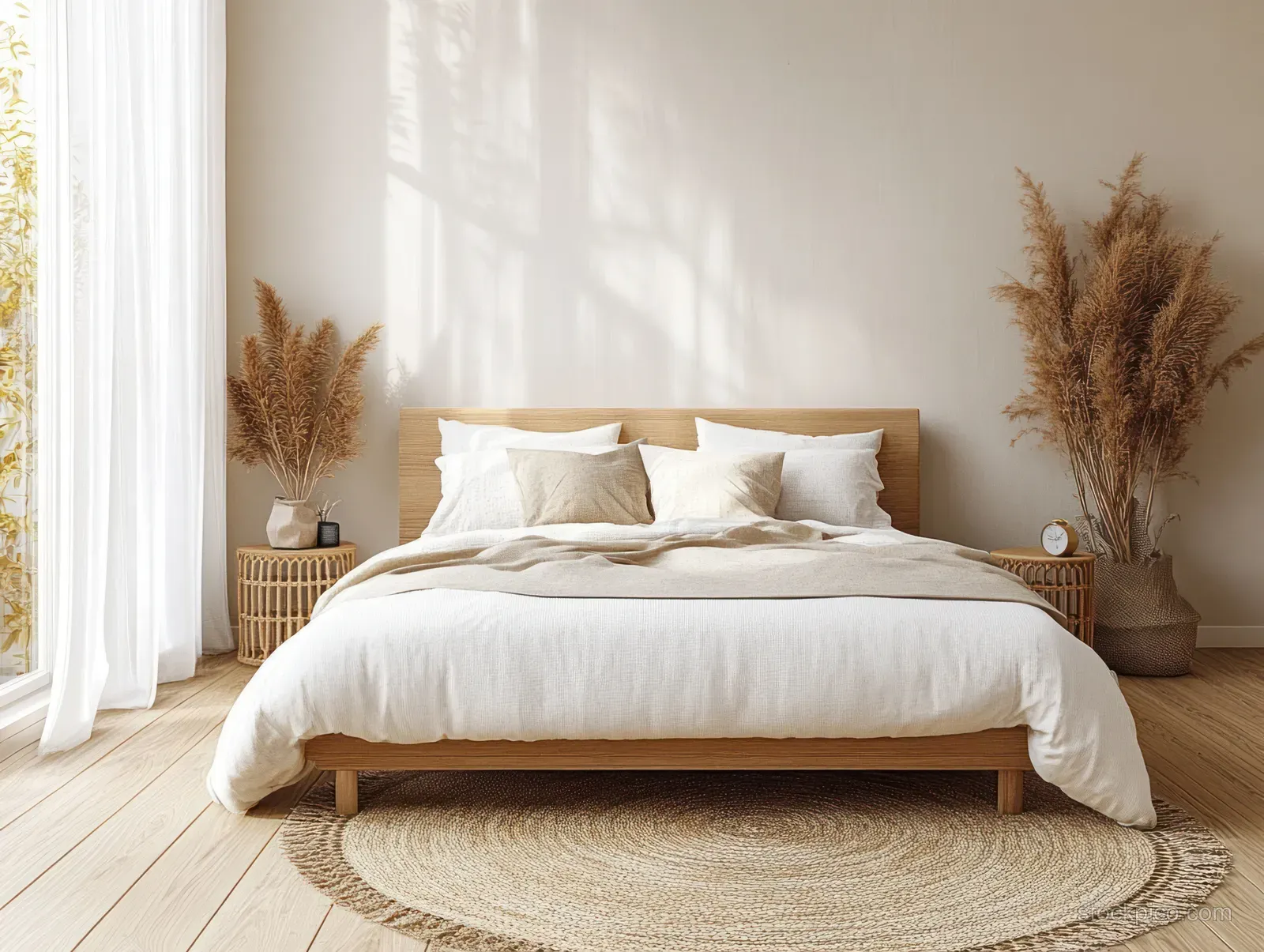 Minimalist bedroom interior with a wooden bed, linen bedding, sheer curtains, woven lamp, and pampas grass decor.