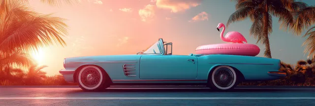 Retro teal car parked on a tropical beach with a pink flamingo pool float on its roof beside palm leaves.