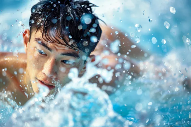 Japanese swimmer practicing backstroke in a sunlit pool with water droplets splashing around.