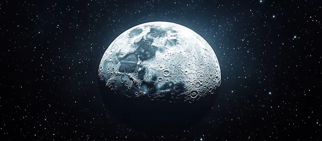 The Moon’s cratered surface floats in space with soft light and a surrounding star field.