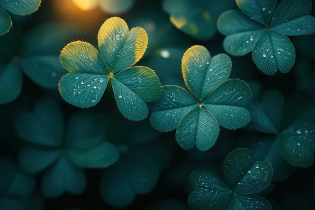 Green shamrock clover leaves in soft focus with dew drops for St. Patrick’s Day
