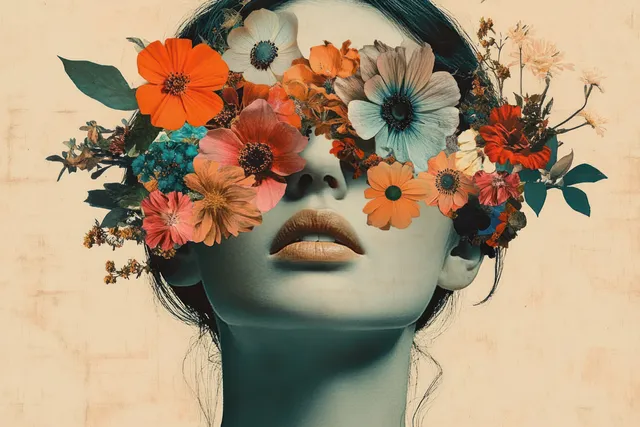 Woman's face hidden by vibrant flowers in surreal collage portrait