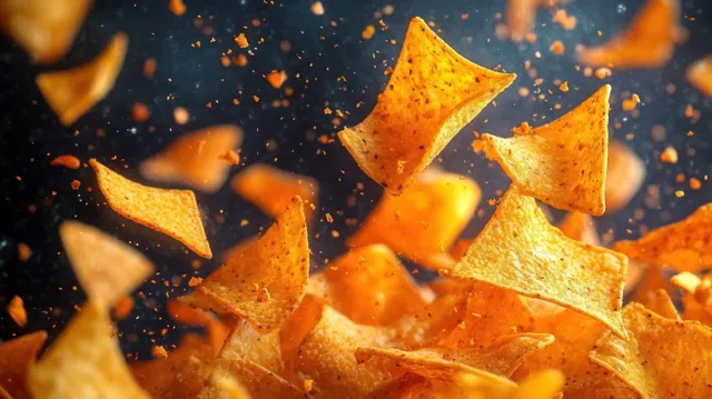 Spicy triangular chips and orange crumbs float above a dark background in a close-up.