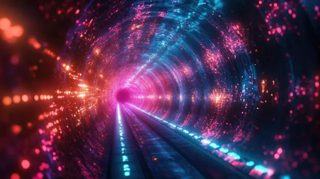 Dark railway tracks lead through a glowing neon tunnel with pink, blue, and orange light streams converging at the vanishing point.