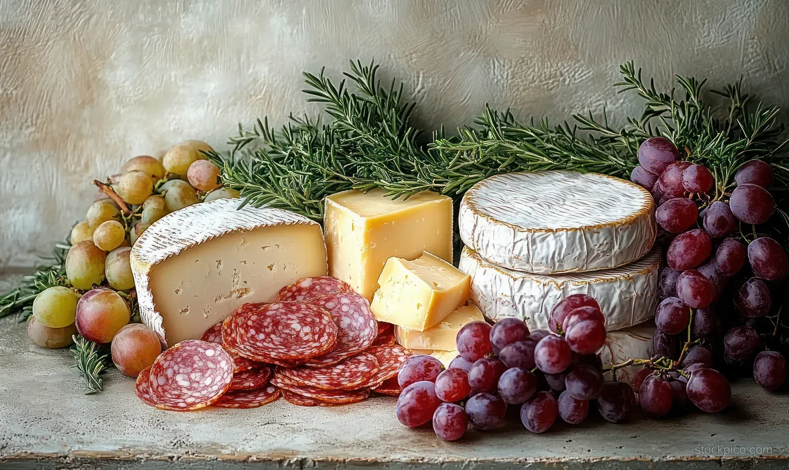 Assorted cheeses, cured meat slices, grapes, and rosemary arranged on a rustic wooden surface.