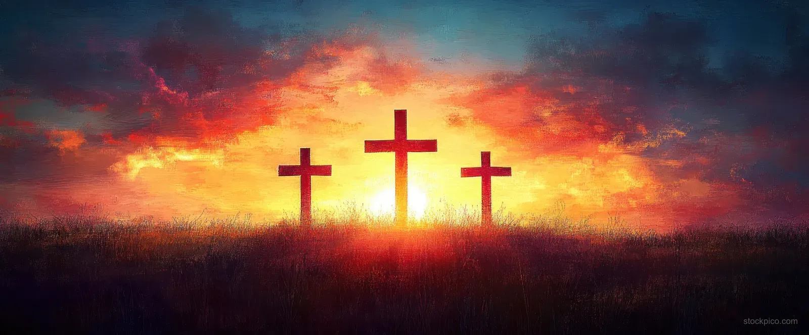 Three silhouetted crosses rise on a hill against a glowing sunset horizon and cloudy sky.