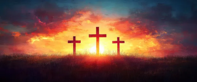 Three silhouetted crosses rise on a hill against a glowing sunset horizon and cloudy sky.